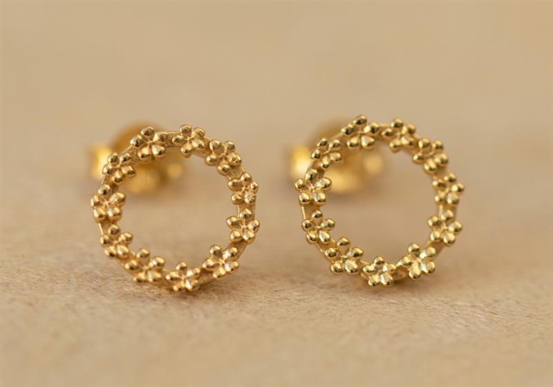 The Forget-Me-Not 'Wreath' Silver Stud Earrings layered in Fairmined Gold